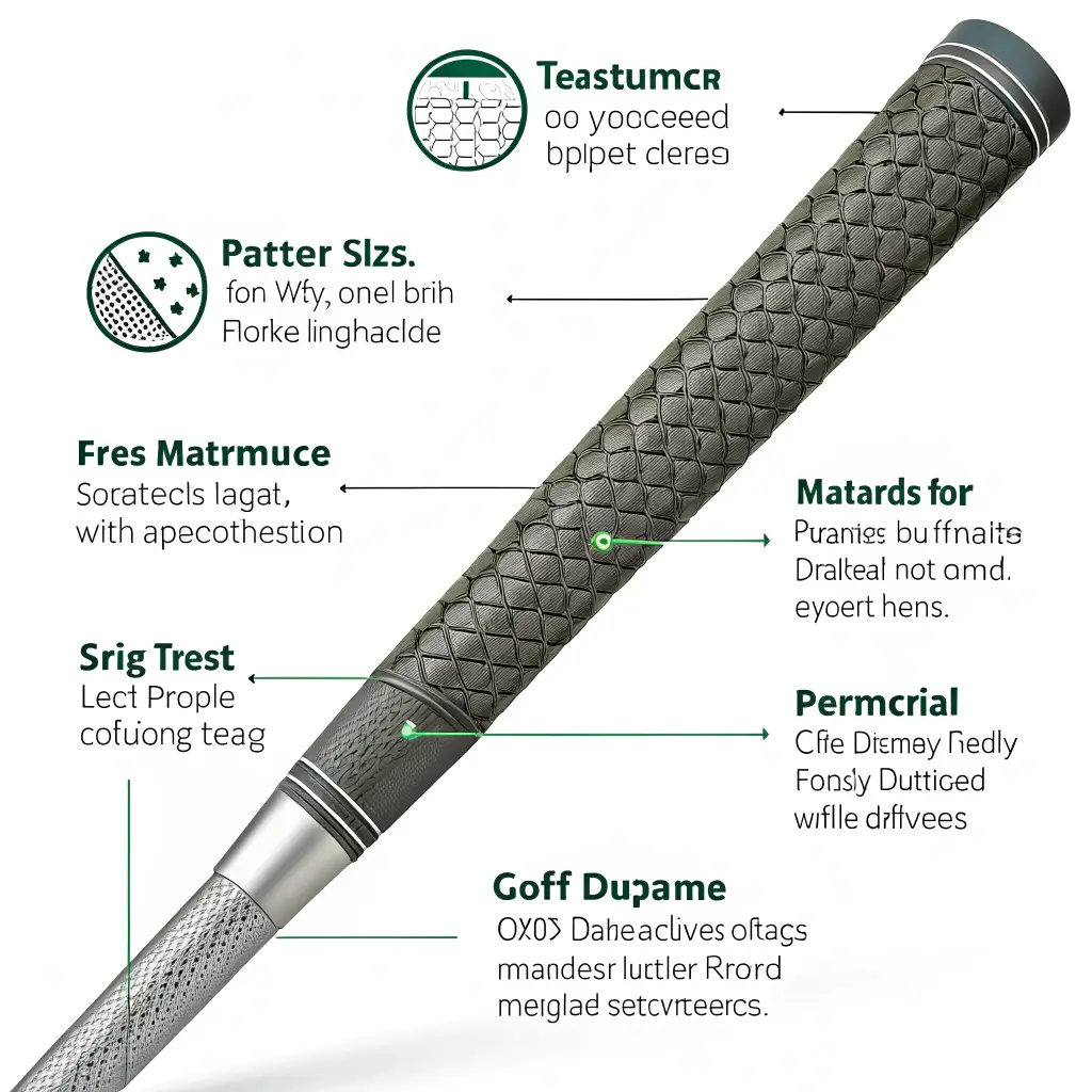 An illustration of a golf club grip anatomy, highlighting its texture, size, and material.