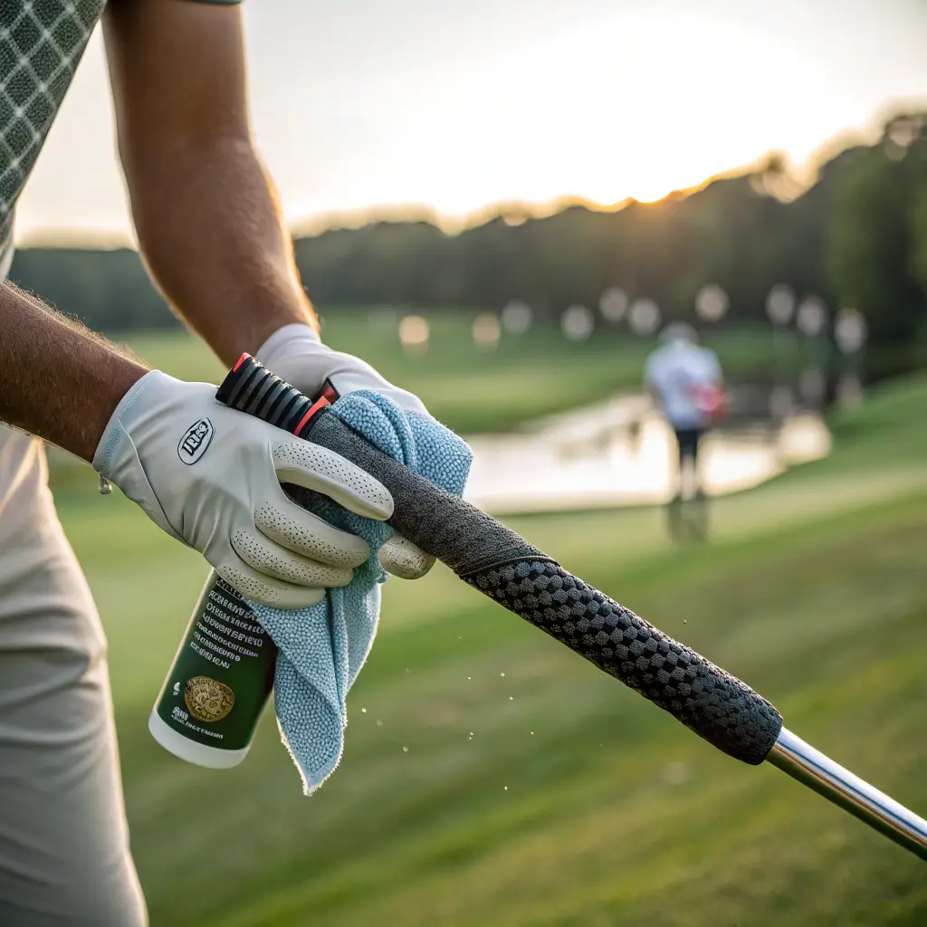 A golfer cleaning their golf club grips with a cloth and cleaning solution on a golf course.