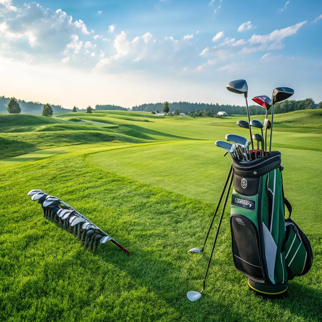 A collection of beginner golf clubs arranged on a lush green golf course, including drivers, irons, and putters, emphasizing the essentials for new golfers.