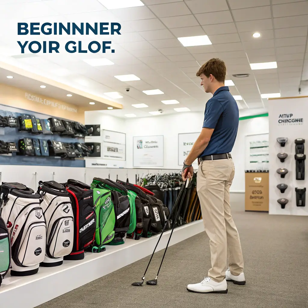 A beginner golfer choosing from various golf club sets in a pro shop, highlighting the selection process.