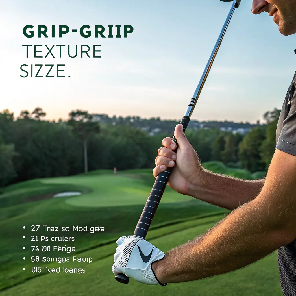 A golfer holding a golf club, focusing on the grip, with a golf course in the background.