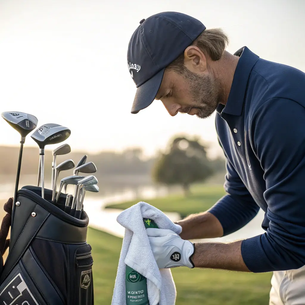 A golfer cleaning their golf grips with a cloth and cleaning solution, surrounded by golf clubs.