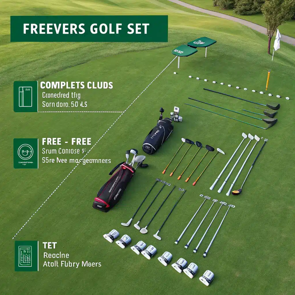 An illustration of various types of golf sets, including complete sets and individual clubs, displayed on a golf course.