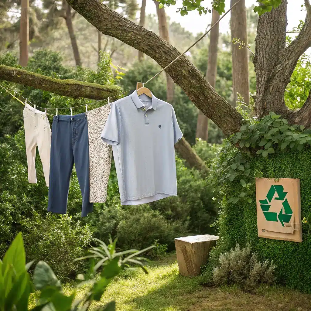 Johnnie-O apparel displayed in a natural, eco-friendly setting.