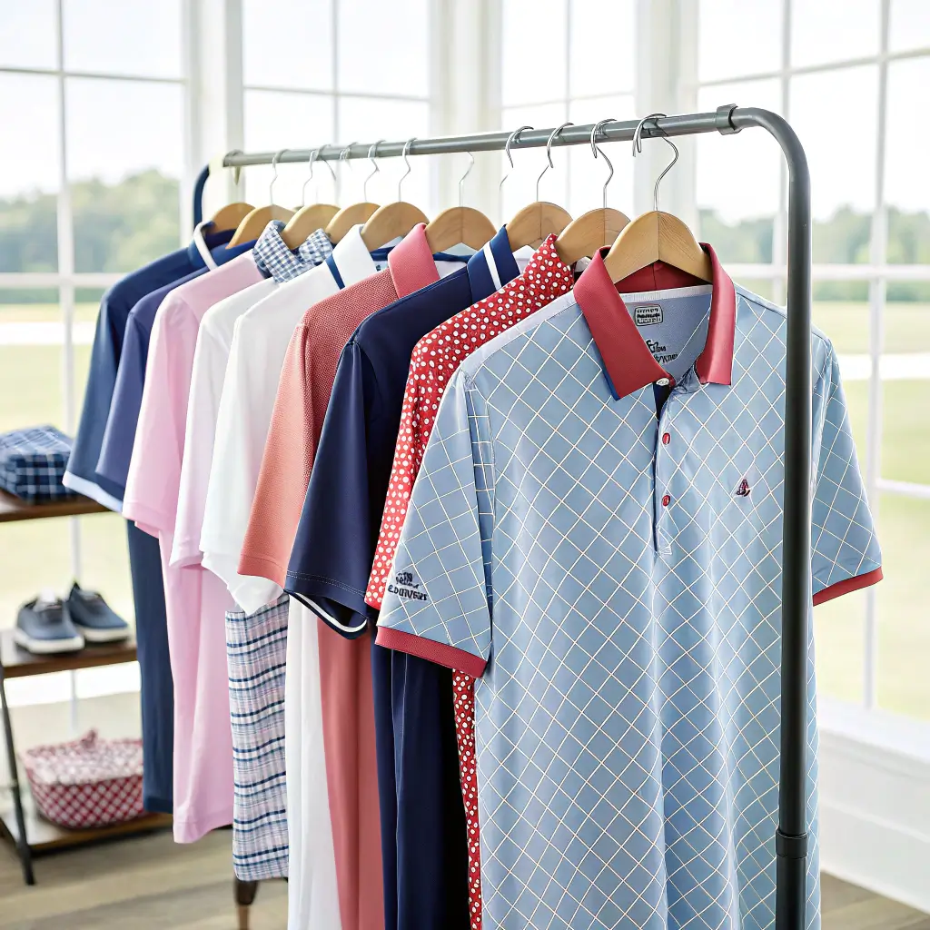 A collection of Johnnie O golf shirts in various colors and patterns displayed in a golf shop.