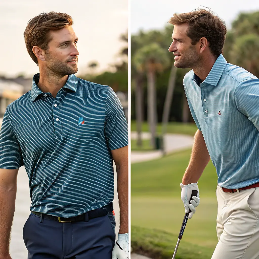 A split image of a golfer in a Johnnie O golf shirt and the same shirt worn casually at a gathering.