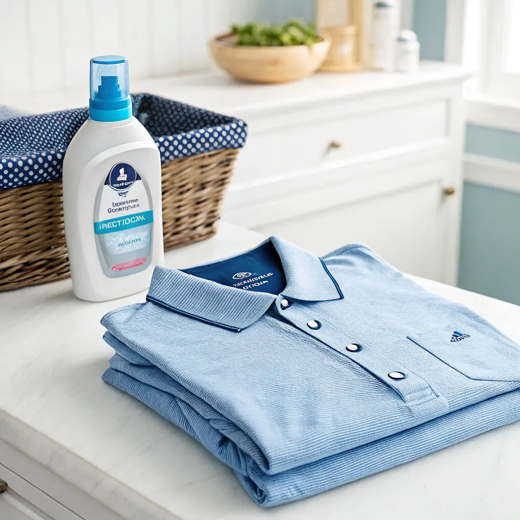 A Johnnie O golf shirt folded with detergent and care label on a laundry surface.