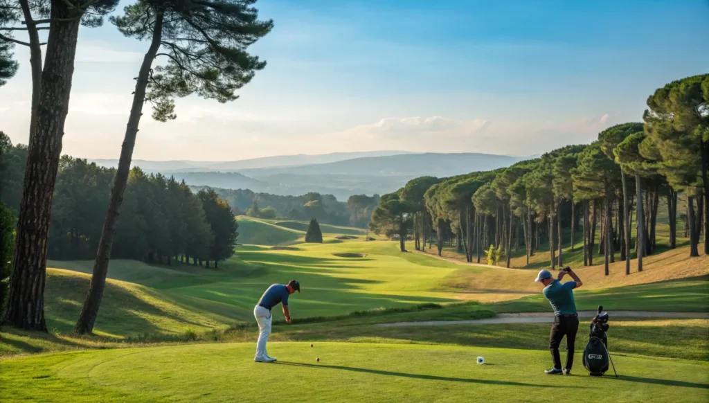 A beginner golfer receiving instruction on a golf course, with a clear blue sky and lush green surroundings.