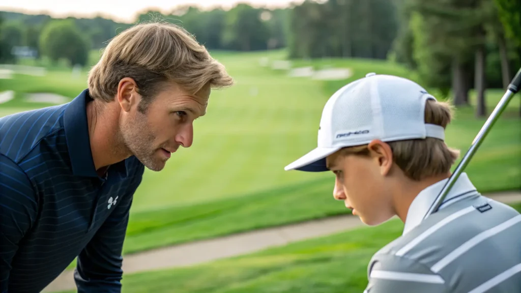 A golf instructor providing personalized feedback to a beginner golfer, showcasing the benefits of tailored instruction.